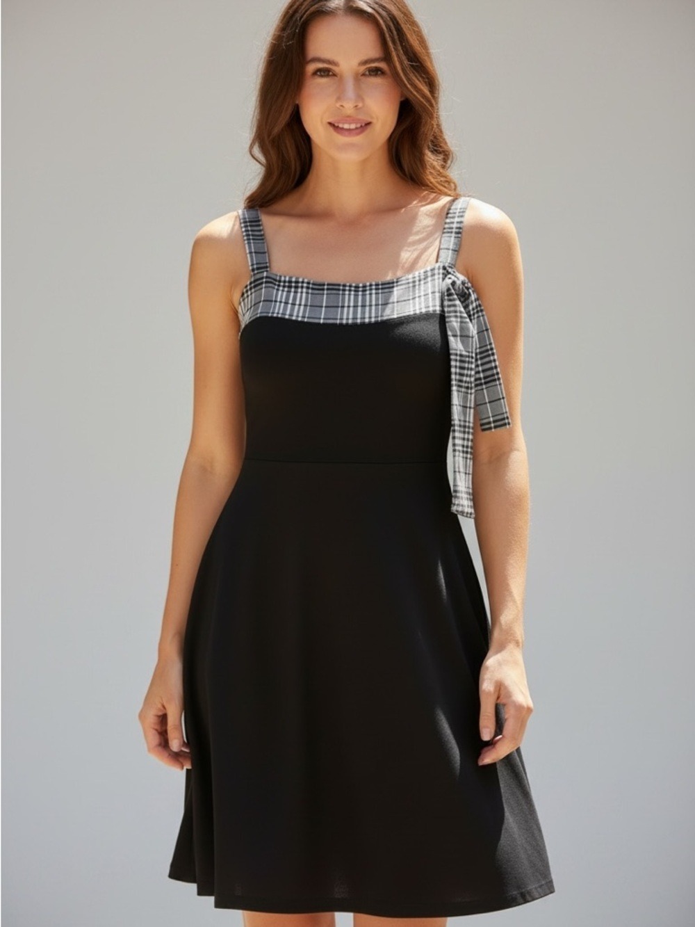 Pois sun dress black lightweight jersey feminine plaid bust & strap embellished